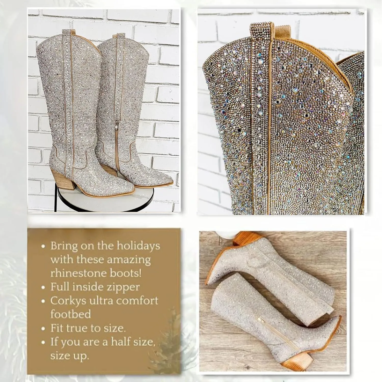 MUCCCUTE Women's Rhinestone Mid Calf Boots Sparkly Block Heel Cowboy Boots Glitter Boots