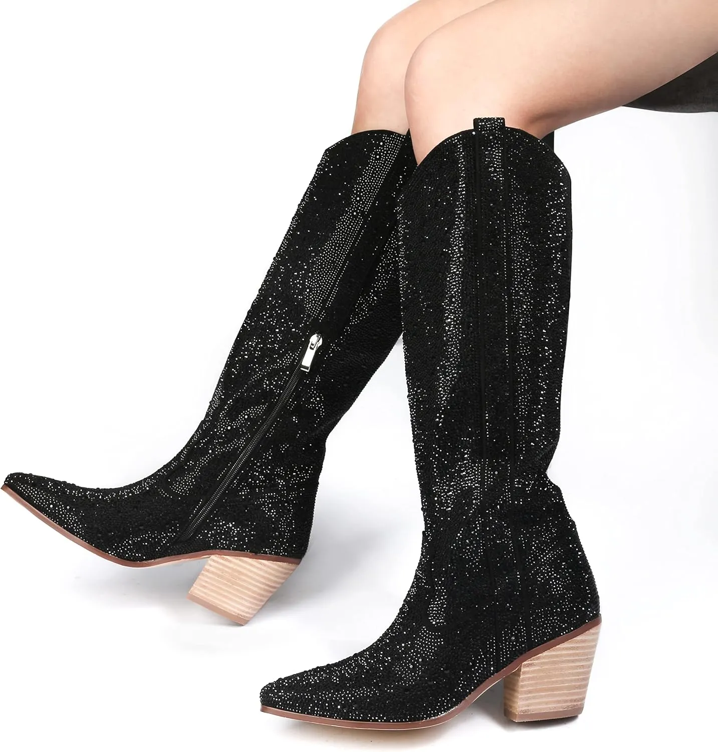 MUCCCUTE Women's Rhinestone Mid Calf Boots Sparkly Block Heel Cowboy Boots Glitter Boots