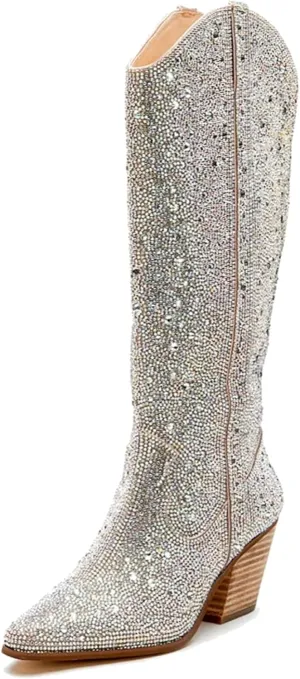 MUCCCUTE Women's Rhinestone Mid Calf Boots Sparkly Block Heel Cowboy Boots Glitter Boots