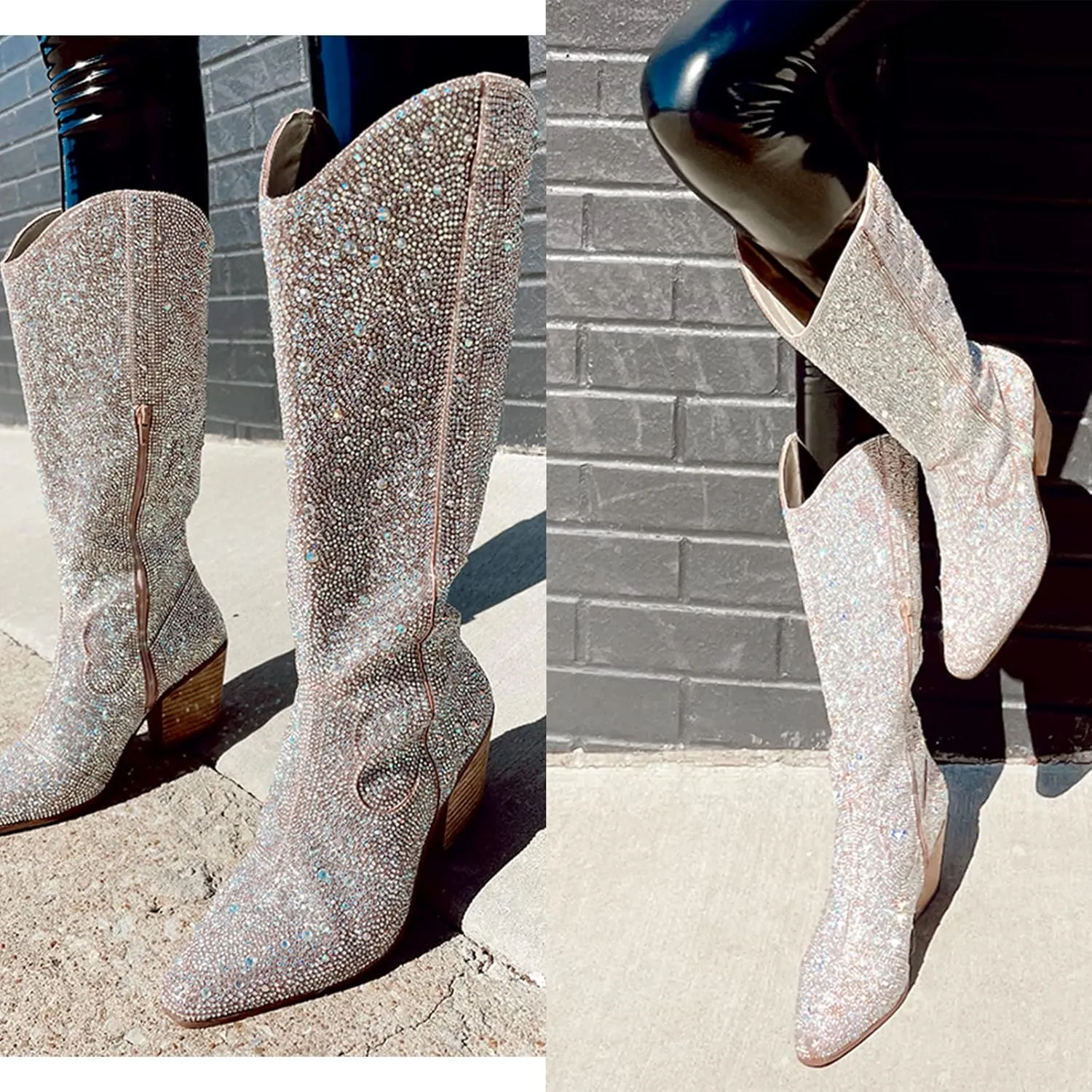 MUCCCUTE Women's Rhinestone Mid Calf Boots Sparkly Block Heel Cowboy Boots Glitter Boots