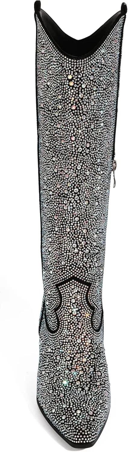 MUCCCUTE Women's Rhinestone Mid Calf Boots Sparkly Block Heel Cowboy Boots Glitter Boots