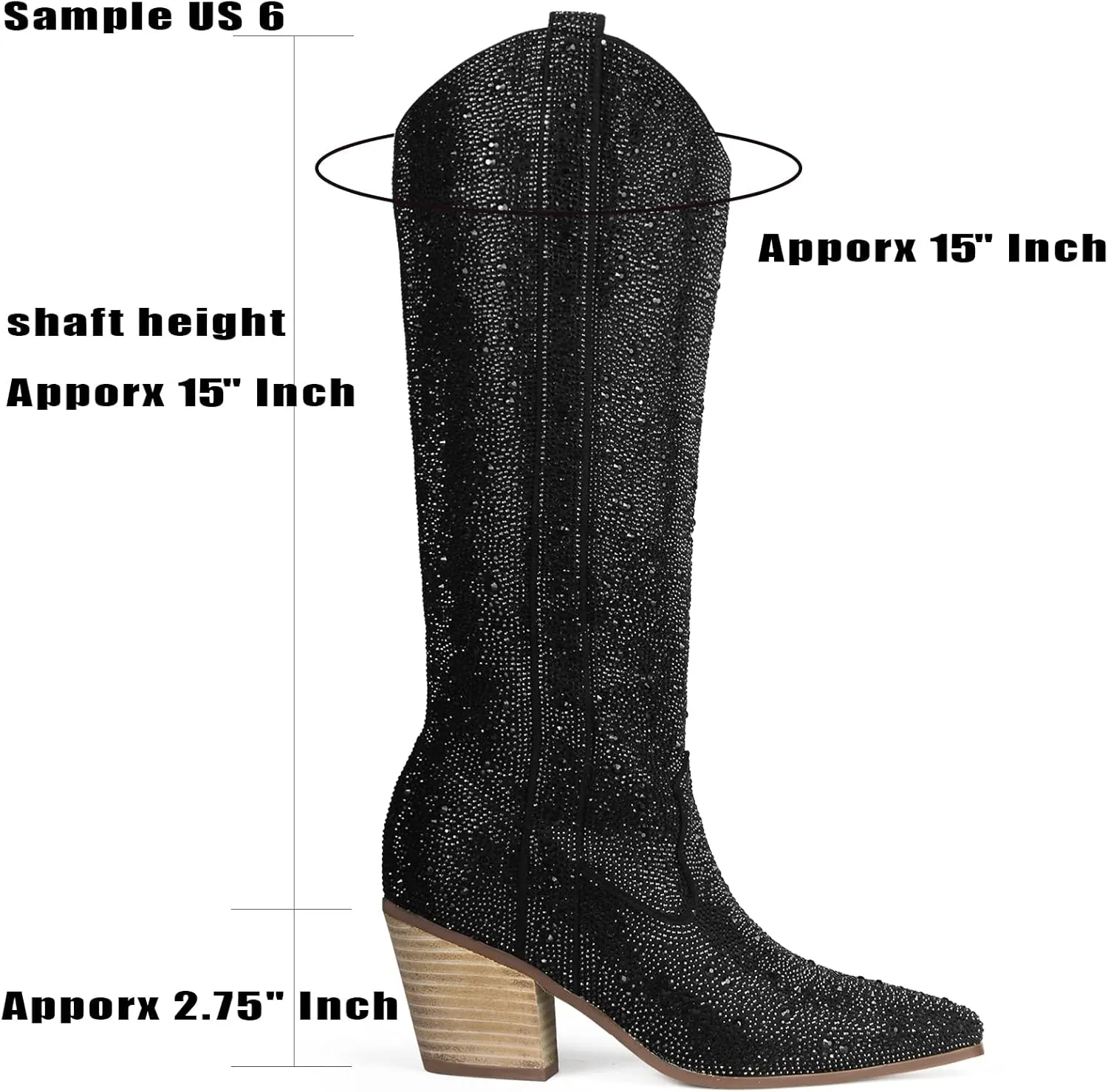 MUCCCUTE Women's Rhinestone Mid Calf Boots Sparkly Block Heel Cowboy Boots Glitter Boots