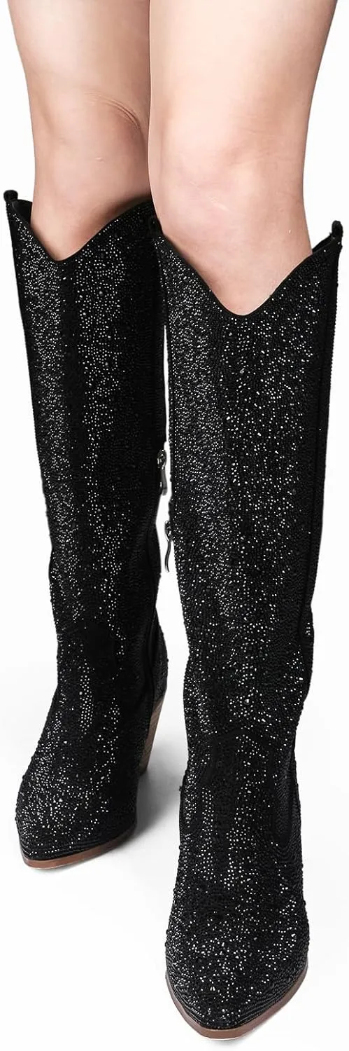 MUCCCUTE Women's Rhinestone Mid Calf Boots Sparkly Block Heel Cowboy Boots Glitter Boots