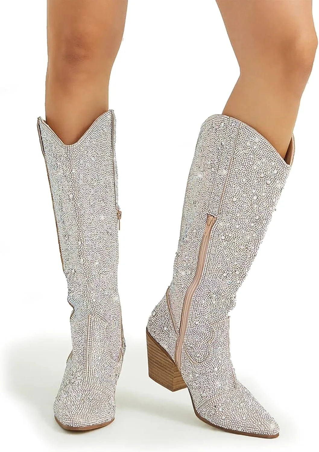 MUCCCUTE Women's Rhinestone Mid Calf Boots Sparkly Block Heel Cowboy Boots Glitter Boots