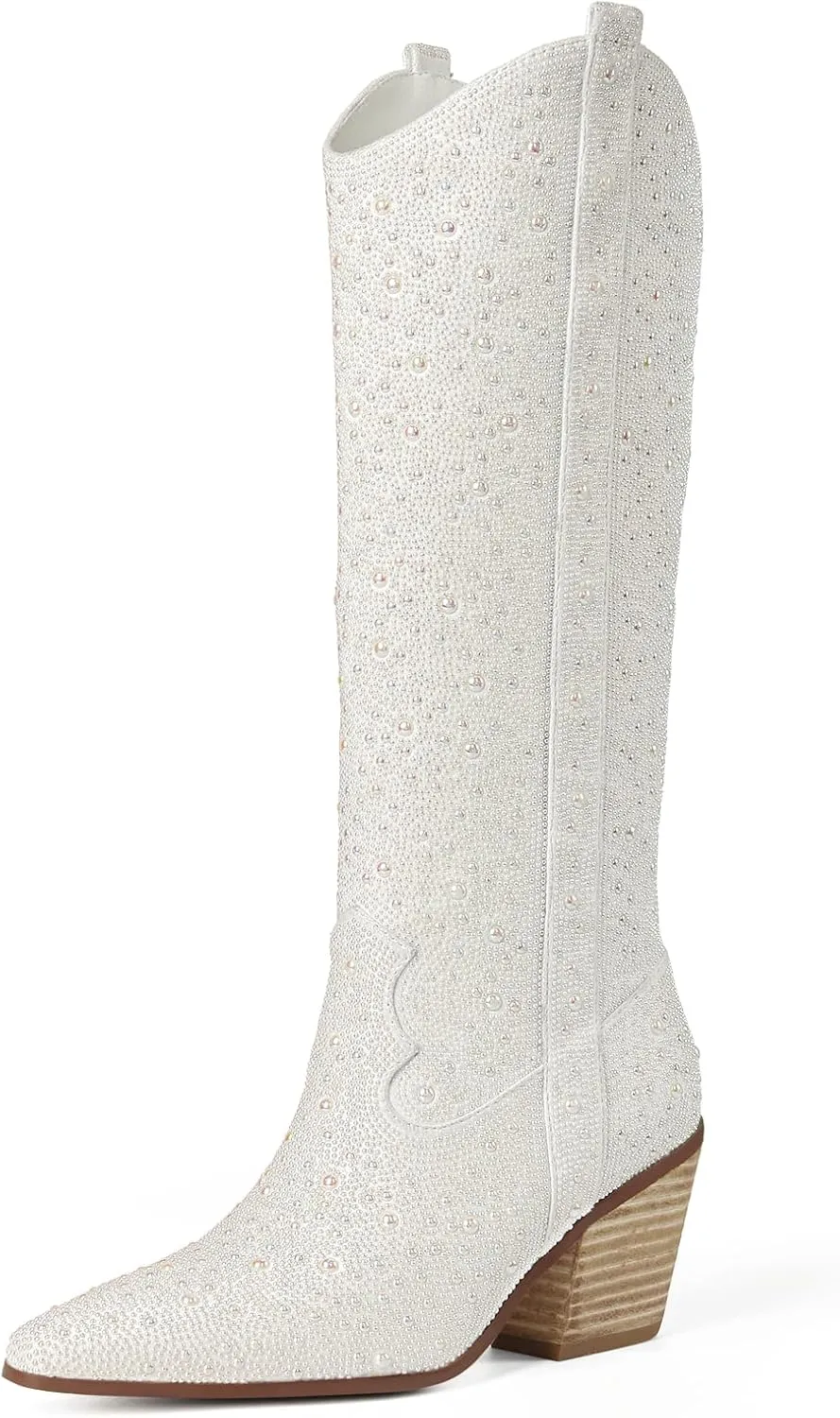 MUCCCUTE Women's Rhinestone Mid Calf Boots Sparkly Block Heel Cowboy Boots Glitter Boots