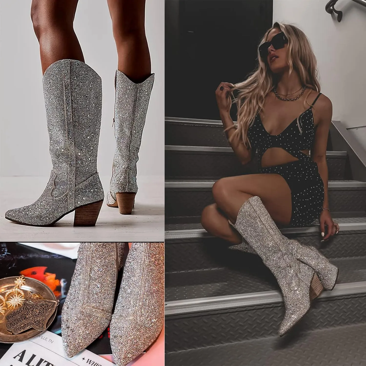 MUCCCUTE Women's Rhinestone Mid Calf Boots Sparkly Block Heel Cowboy Boots Glitter Boots