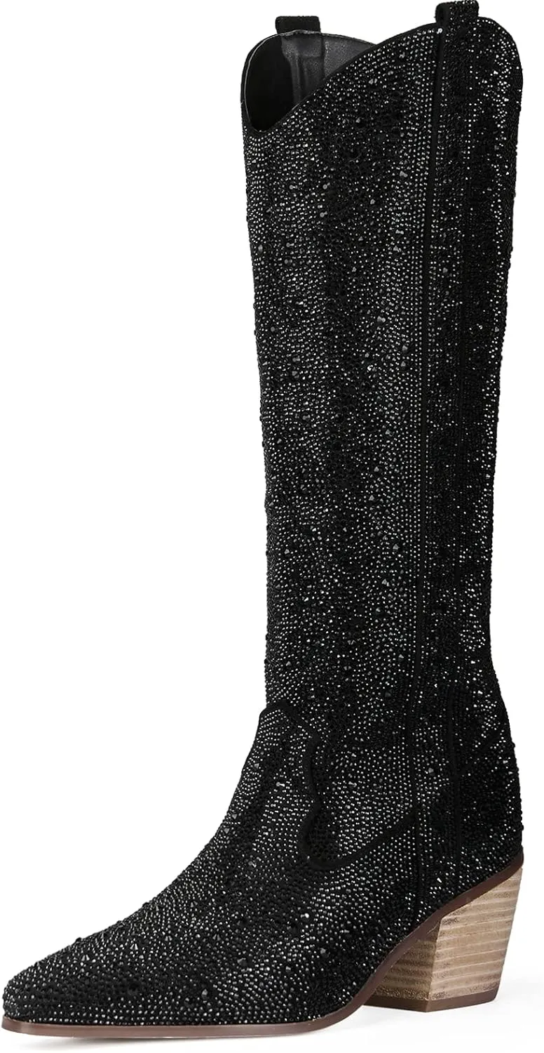 MUCCCUTE Women's Rhinestone Mid Calf Boots Sparkly Block Heel Cowboy Boots Glitter Boots