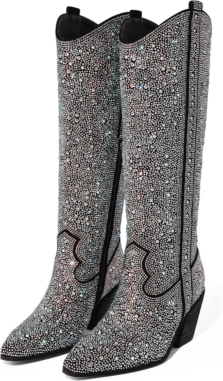 MUCCCUTE Women's Rhinestone Mid Calf Boots Sparkly Block Heel Cowboy Boots Glitter Boots