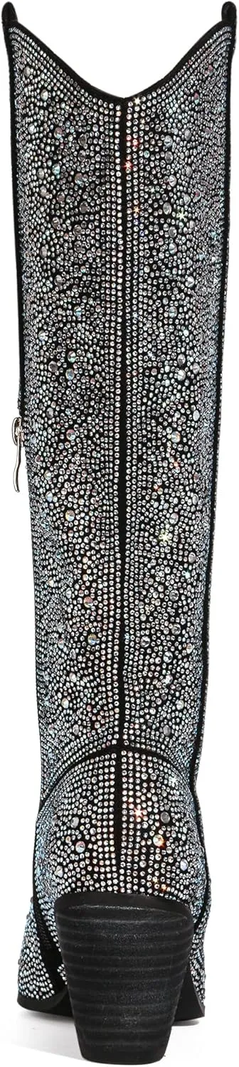 MUCCCUTE Women's Rhinestone Mid Calf Boots Sparkly Block Heel Cowboy Boots Glitter Boots