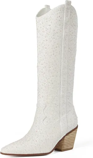 MUCCCUTE Women's Rhinestone Mid Calf Boots Sparkly Block Heel Cowboy Boots Glitter Boots