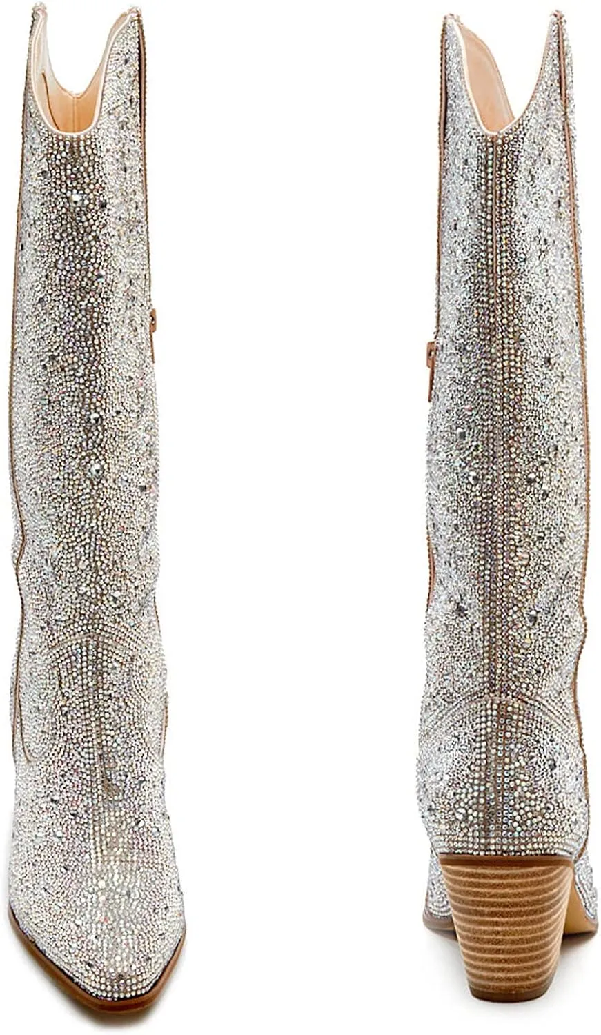 MUCCCUTE Women's Rhinestone Mid Calf Boots Sparkly Block Heel Cowboy Boots Glitter Boots