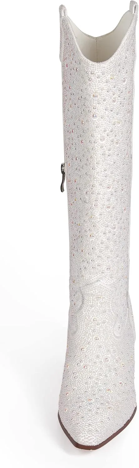 MUCCCUTE Women's Rhinestone Mid Calf Boots Sparkly Block Heel Cowboy Boots Glitter Boots