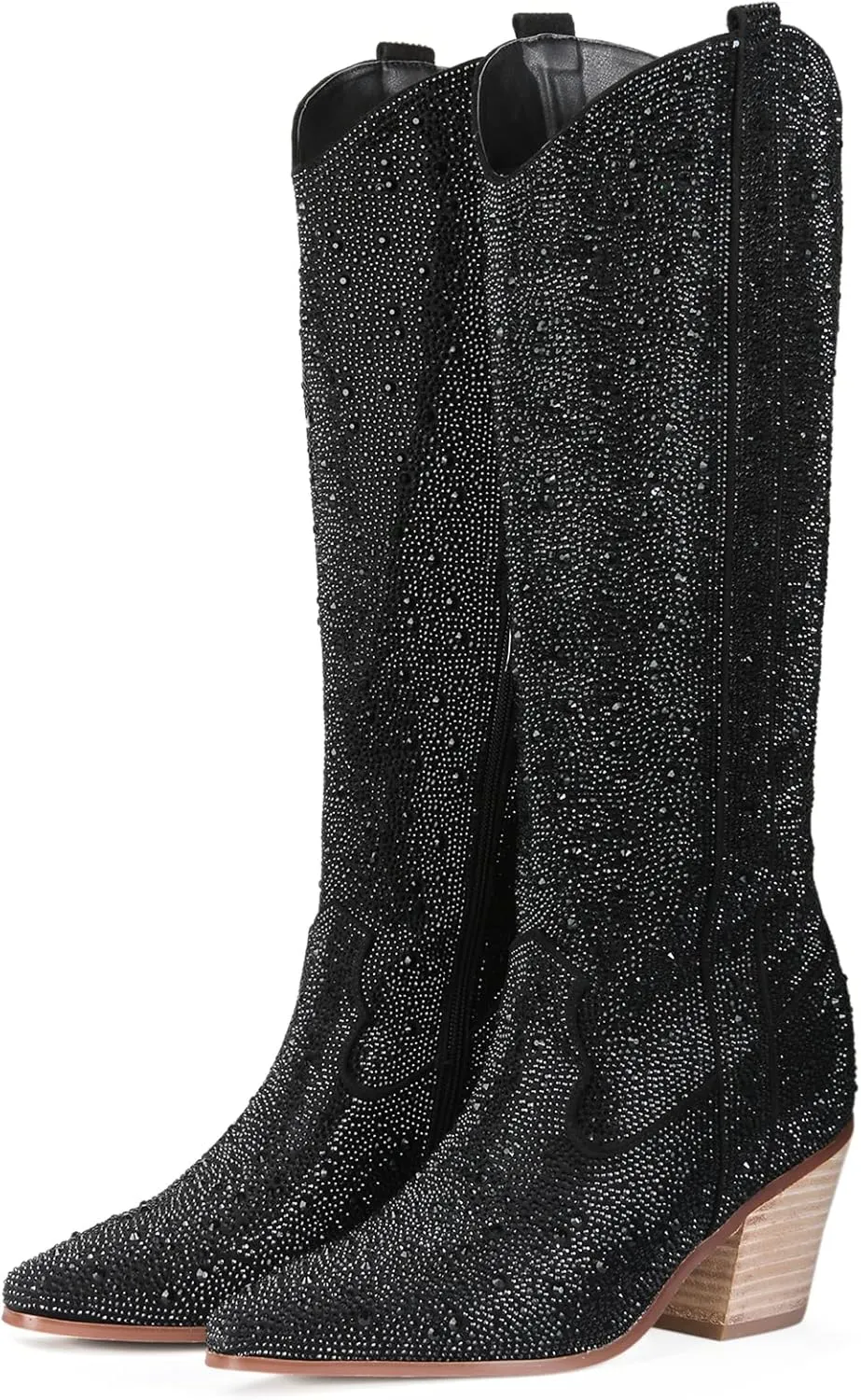 MUCCCUTE Women's Rhinestone Mid Calf Boots Sparkly Block Heel Cowboy Boots Glitter Boots
