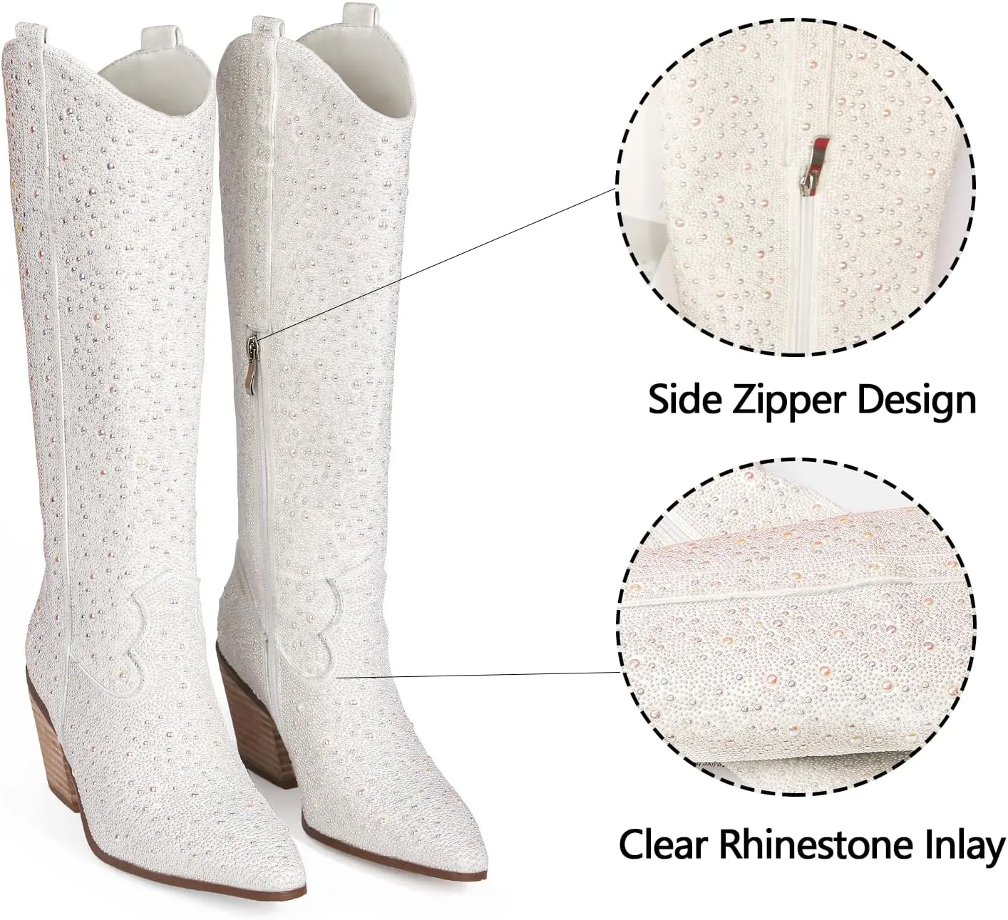 MUCCCUTE Women's Rhinestone Mid Calf Boots Sparkly Block Heel Cowboy Boots Glitter Boots
