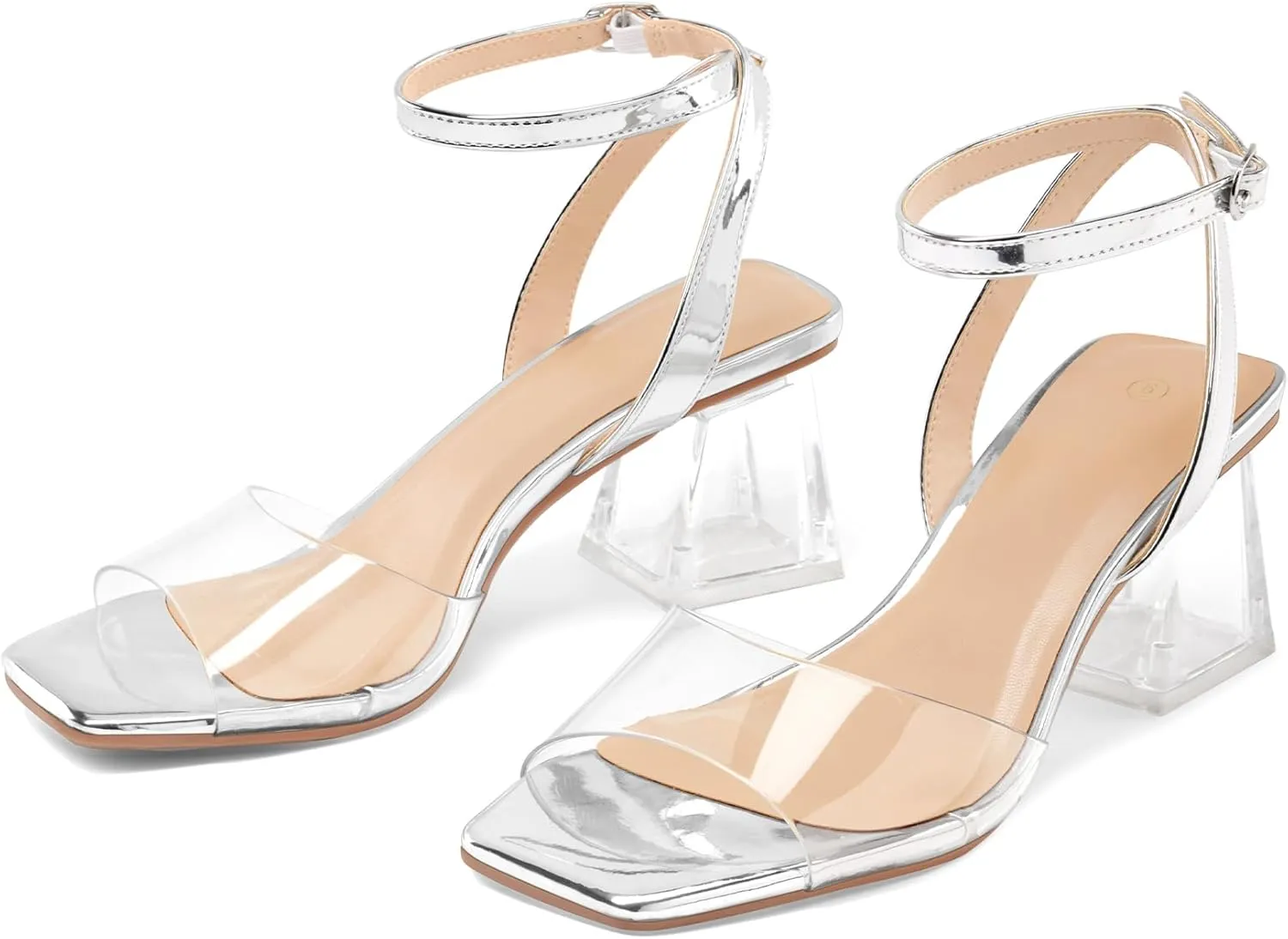 mysoft Women's Clear Heels Low Chunky Heel Open Toe Transparent Zebra Rhinestones Block Heeled Sandals Ankle Strap Shoes