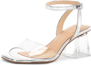 mysoft Women's Clear Heels Low Chunky Heel Open Toe Transparent Zebra Rhinestones Block Heeled Sandals Ankle Strap Shoes