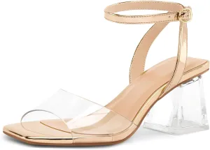 mysoft Women's Clear Heels Low Chunky Heel Open Toe Transparent Zebra Rhinestones Block Heeled Sandals Ankle Strap Shoes
