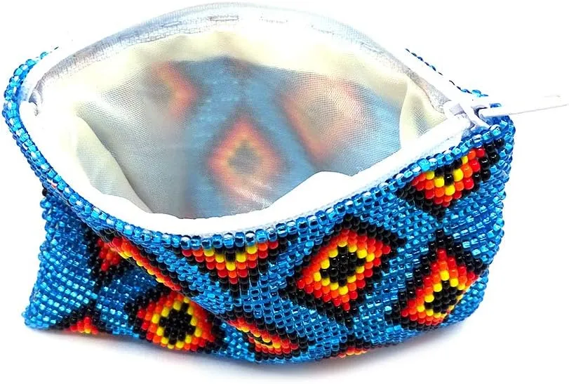 Native American Inspired Multi Diamond Pattern Czech Glass Seed Beaded Coin Purse Zipper Pouch - Womens Fashion Handmade Bags Tribal Accessories (Light Blue)