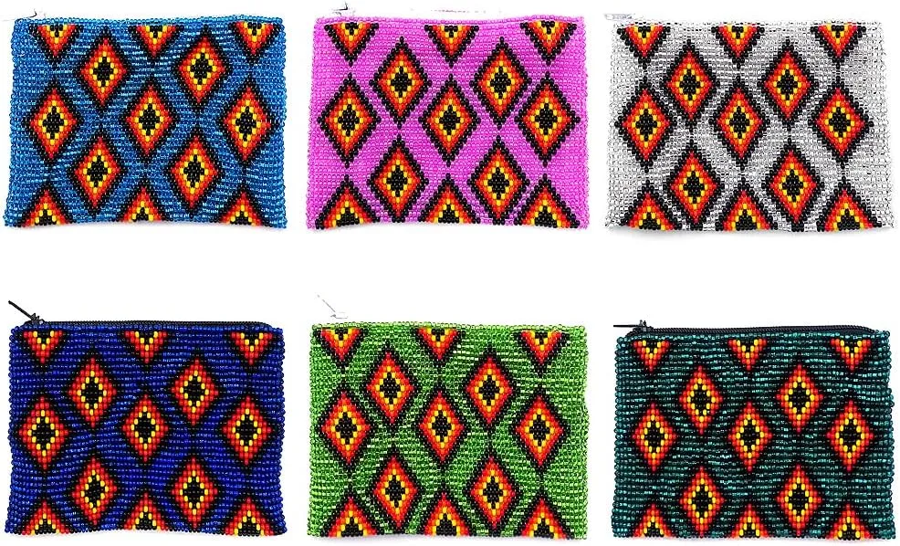 Native American Inspired Multi Diamond Pattern Czech Glass Seed Beaded Coin Purse Zipper Pouch - Womens Fashion Handmade Bags Tribal Accessories (Light Blue)