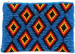 Native American Inspired Multi Diamond Pattern Czech Glass Seed Beaded Coin Purse Zipper Pouch - Womens Fashion Handmade Bags Tribal Accessories (Light Blue)