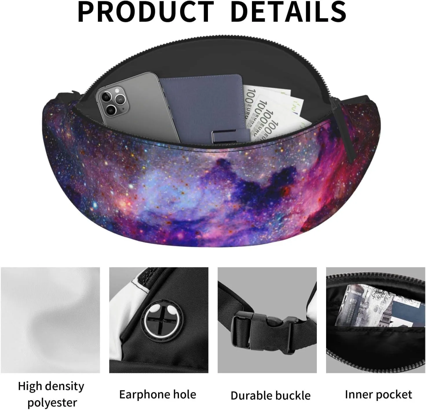 Nebula Galaxy Space Fashion Casual Fanny Pack Waist Bag Men Women Adjustable Belt Waist Bag For Travel Hiking Cycling Running Festival Carnival
