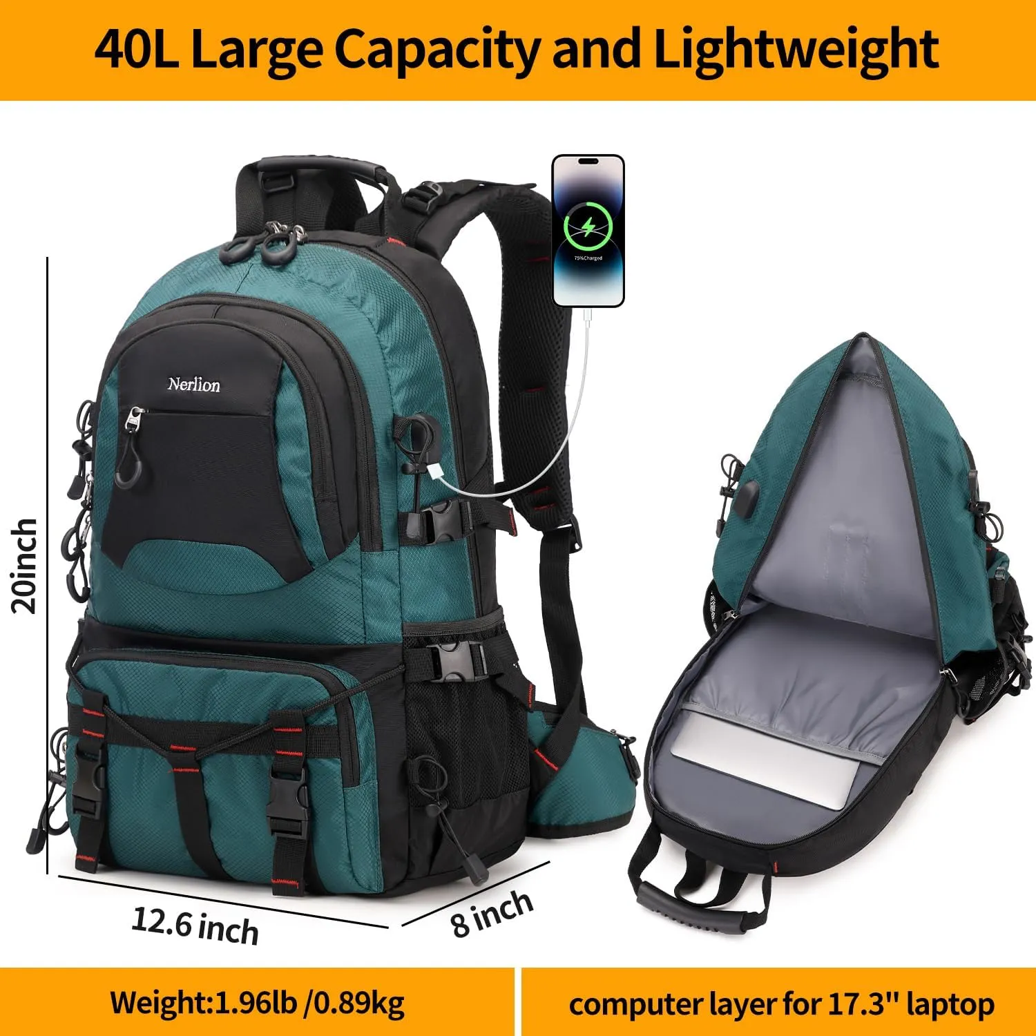 Nerlion 40L Hiking Backpack Travel Backpack for Men Women Camping Waterproof Outdoor Hiking Daypack Lightweight Backpack (Dark Green)