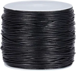 OLYCRAFT 49-55 Yards Round Leather Cord 1mm Black Cowhide Genuine Leathers Cord Round Leather String with Roll Spool Cowhide Rope Natural Real Leathers Cording for Jewelry Making Bracelets Necklaces
