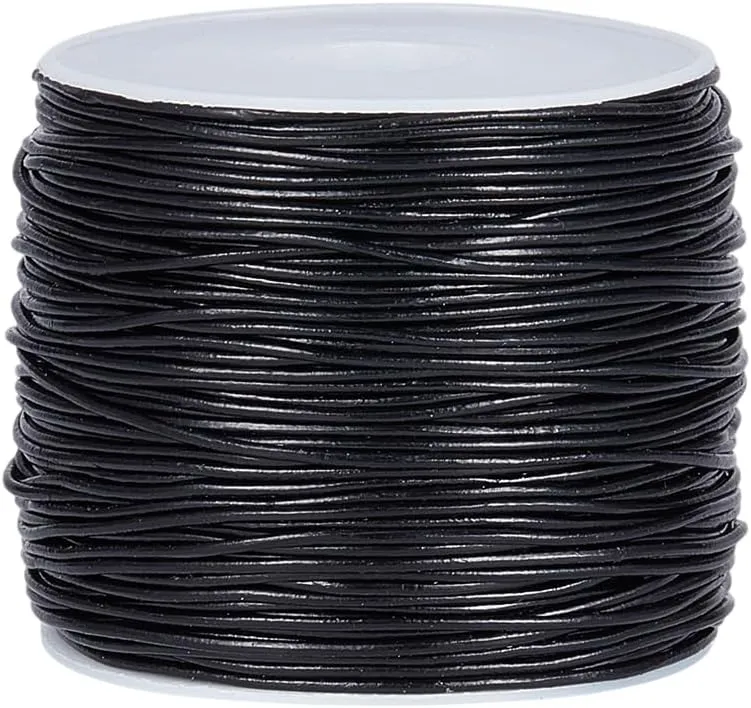 OLYCRAFT 49-55 Yards Round Leather Cord 1mm Black Cowhide Genuine Leathers Cord Round Leather String with Roll Spool Cowhide Rope Natural Real Leathers Cording for Jewelry Making Bracelets Necklaces