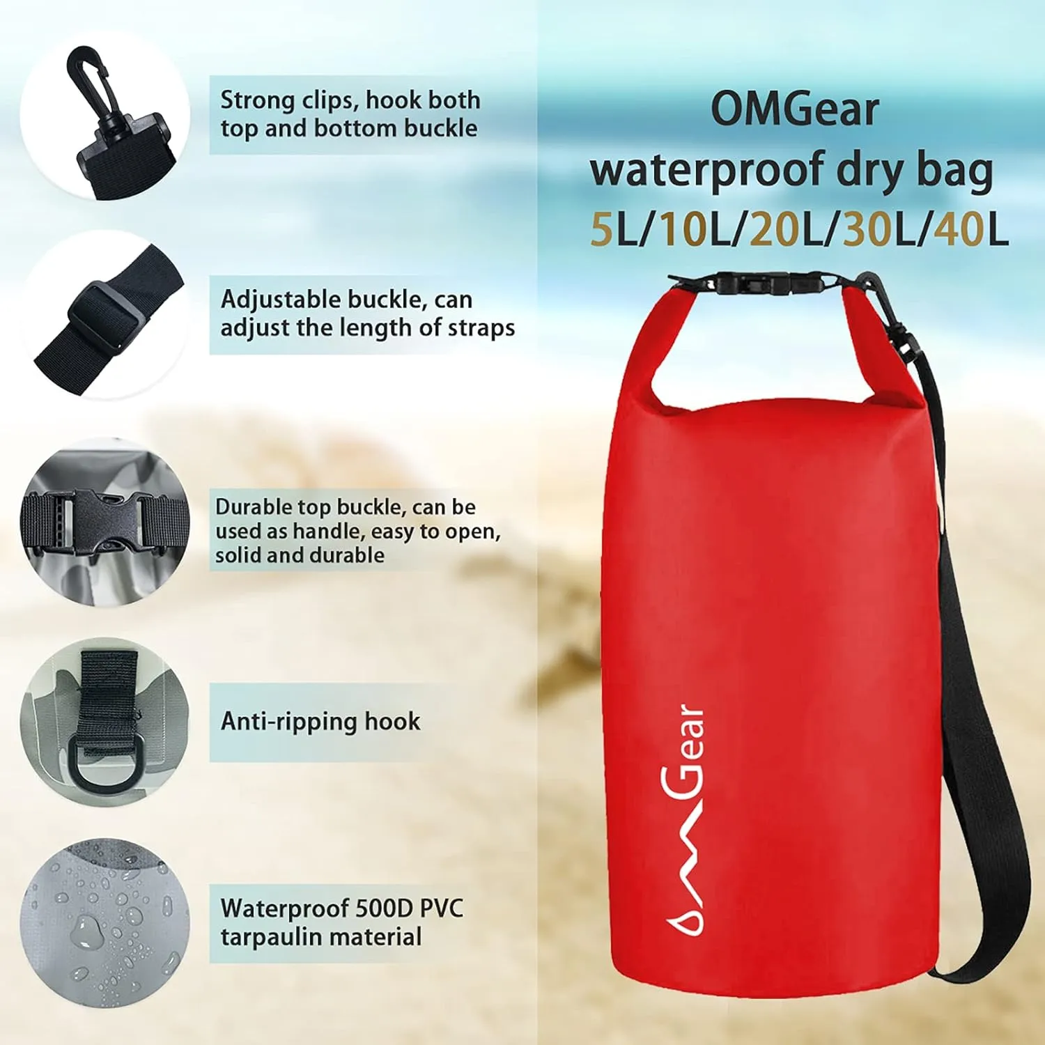 OMGear Waterproof Dry Bag Backpack Phone Pouch 40L/30L/20L/10L/5L Floating Dry Sack for Kayaking Boating Outdoors Activities