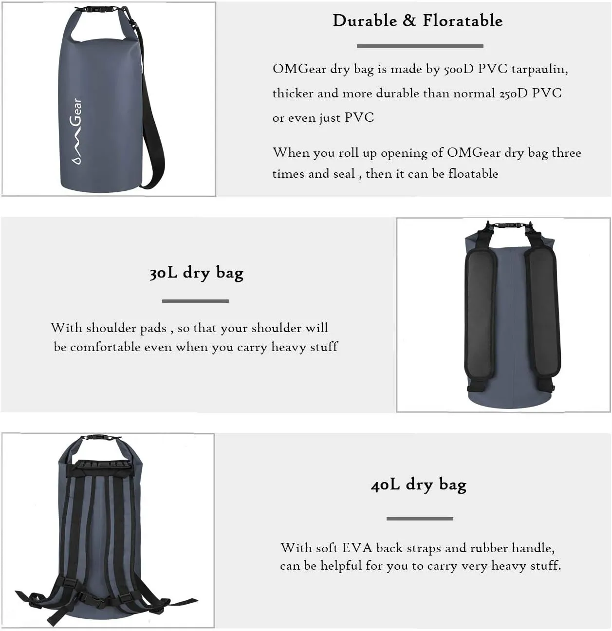OMGear Waterproof Dry Bag Backpack Phone Pouch 40L/30L/20L/10L/5L Floating Dry Sack for Kayaking Boating Outdoors Activities