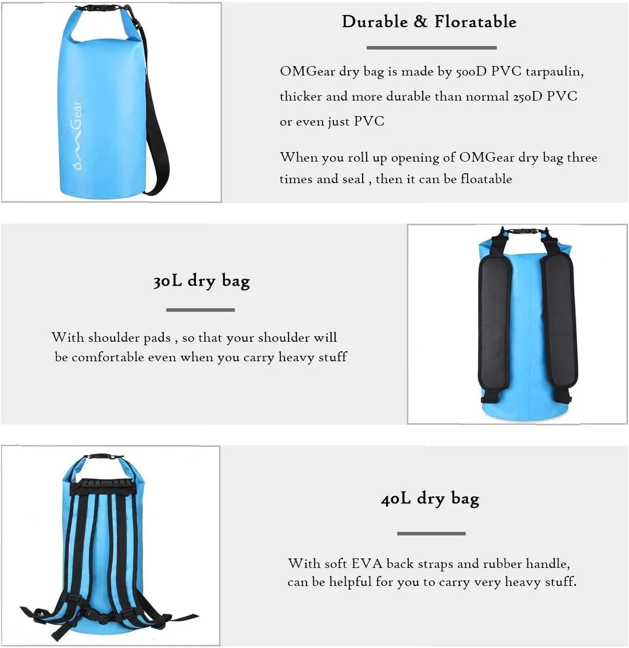 OMGear Waterproof Dry Bag Backpack Phone Pouch 40L/30L/20L/10L/5L Floating Dry Sack for Kayaking Boating Outdoors Activities