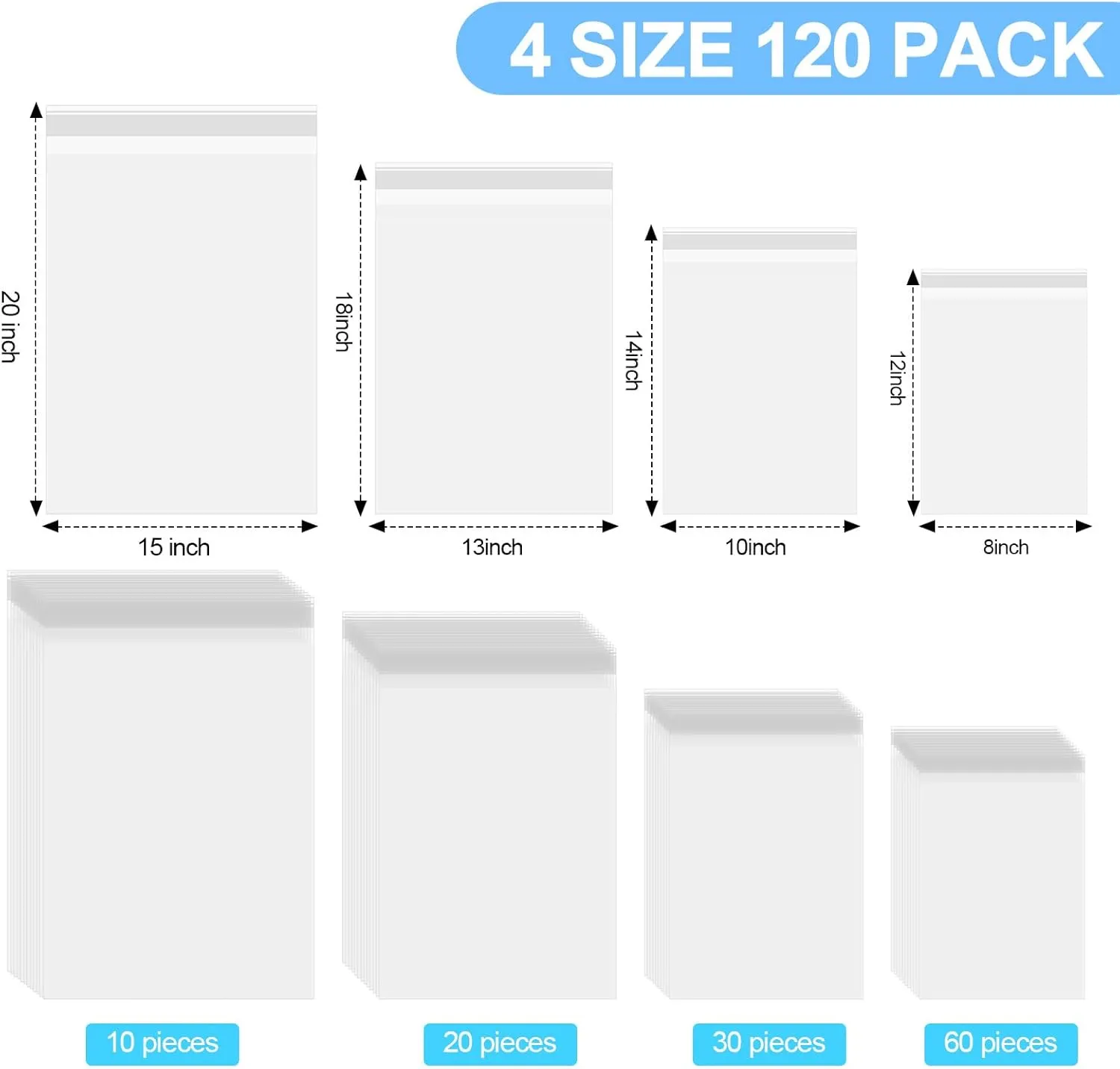Outus 120 Pcs Poly Mailer Envelope 4 Sizes Shipping Bags Self Adhesive Clasp Envelope Self Adhesive Tear Proof Mailing Covers (6 x 10 In, 8 x 12 In, 10 x 14 In, 11x 16 in,Clear)
