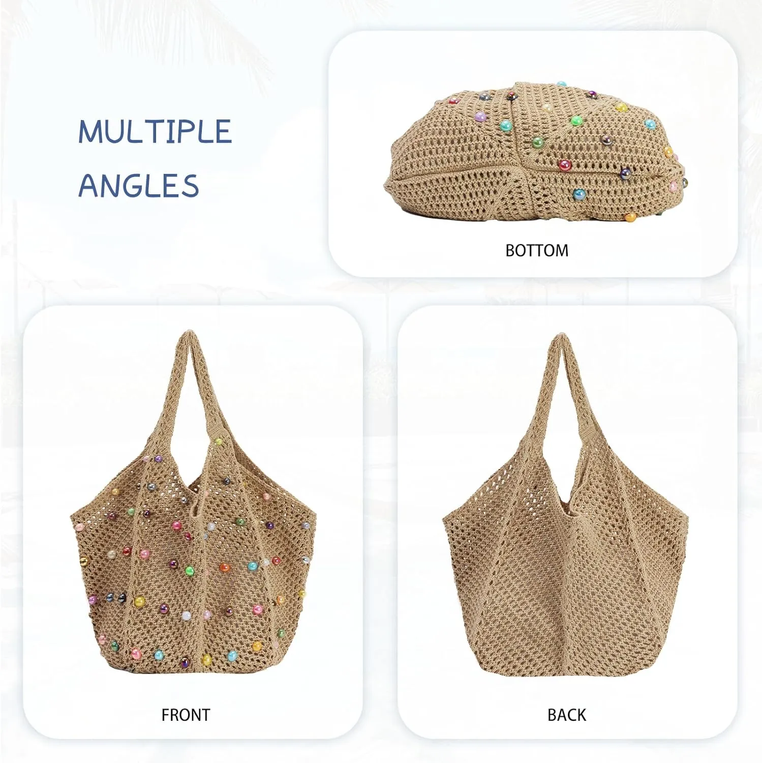 Oweisong Cute Beach Bags for Women Summer Beaded Crochet Tote Boho Woven Mesh Shoulder Handbag for Vacation Travel