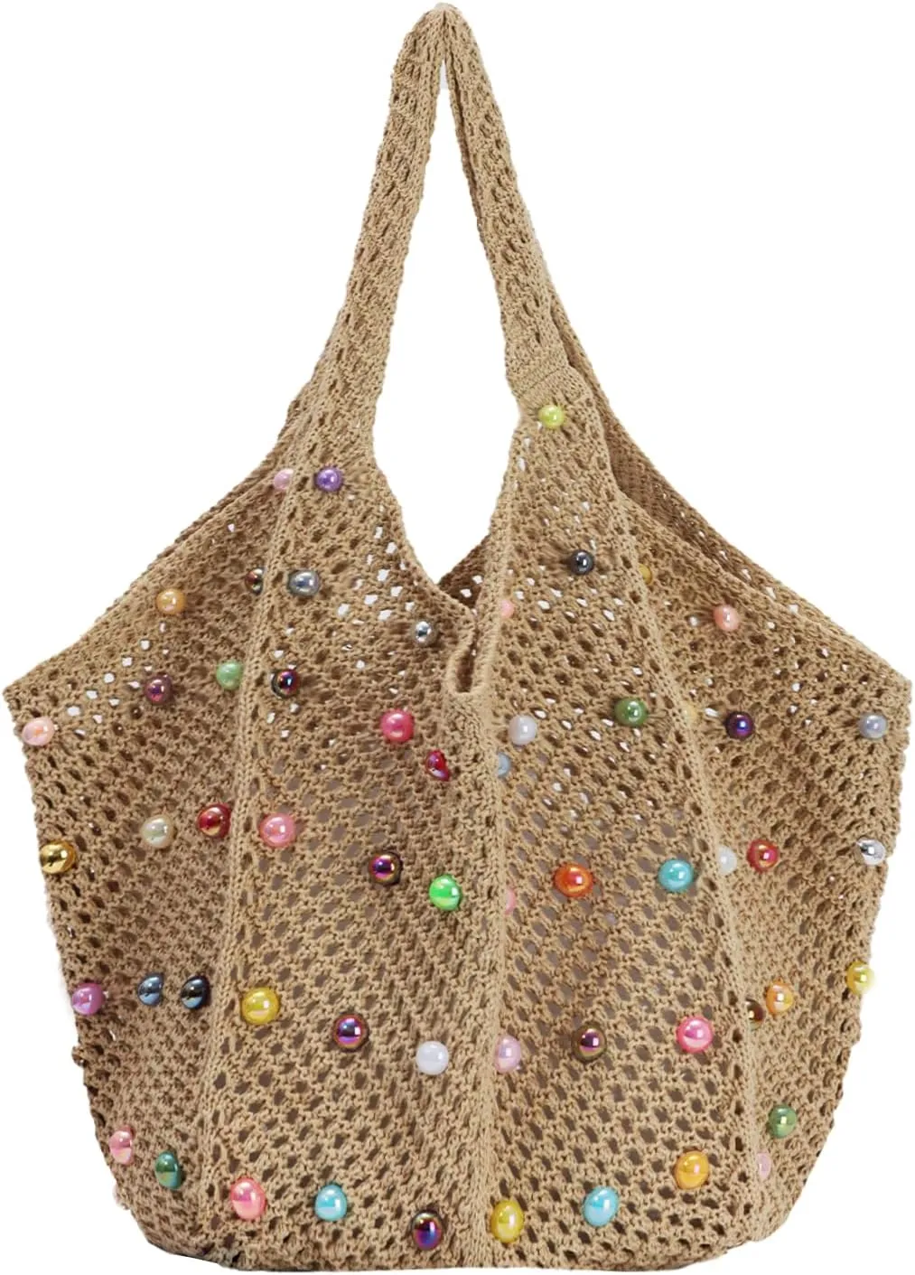 Oweisong Cute Beach Bags for Women Summer Beaded Crochet Tote Boho Woven Mesh Shoulder Handbag for Vacation Travel