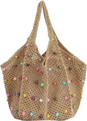 Oweisong Cute Beach Bags for Women Summer Beaded Crochet Tote Boho Woven Mesh Shoulder Handbag for Vacation Travel