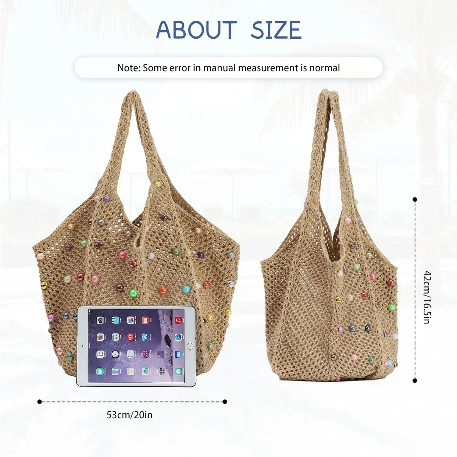 Oweisong Cute Beach Bags for Women Summer Beaded Crochet Tote Boho Woven Mesh Shoulder Handbag for Vacation Travel