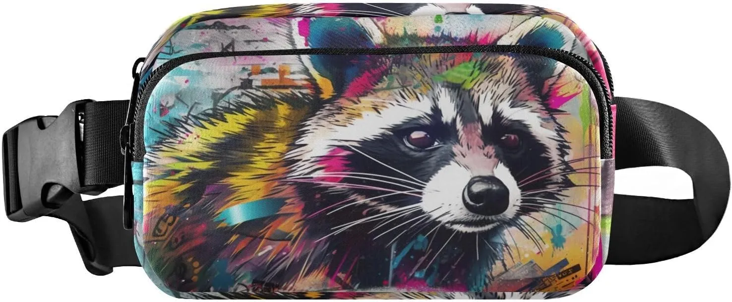 Painting Raccoon Fanny Pack Waist Pack Water Resistant Extendable Buckle Strap Crossbody Purse Travel Pouch for Running Hiking Training 8×5.3×1.6 inches