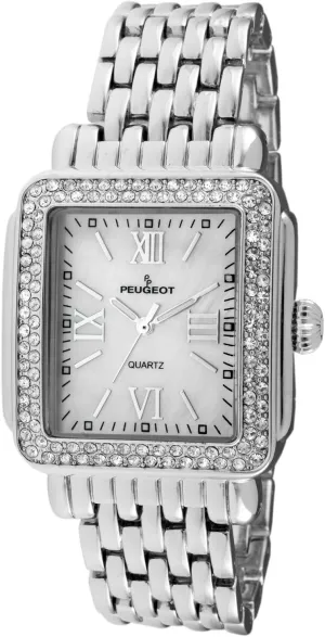Peugeot Women Rectangle Dress Watch with Crystal Decorated Bezel, Roman Numerals and Bracelet