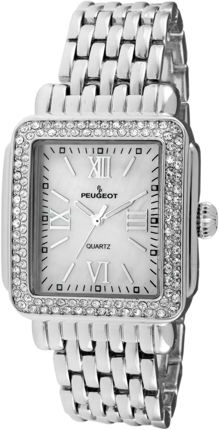 Peugeot Women Rectangle Dress Watch with Crystal Decorated Bezel, Roman Numerals and Bracelet