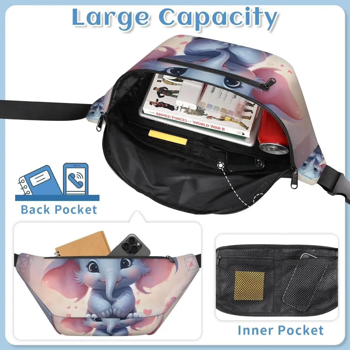 Pink Elephant Sling Bag Crossbody Backpack Chest Daypack for Women Sport Travel Hiking Casual Bag Multipurpose Waist Pack With Zipper Closure Adjustable Strap Shoulder Bag