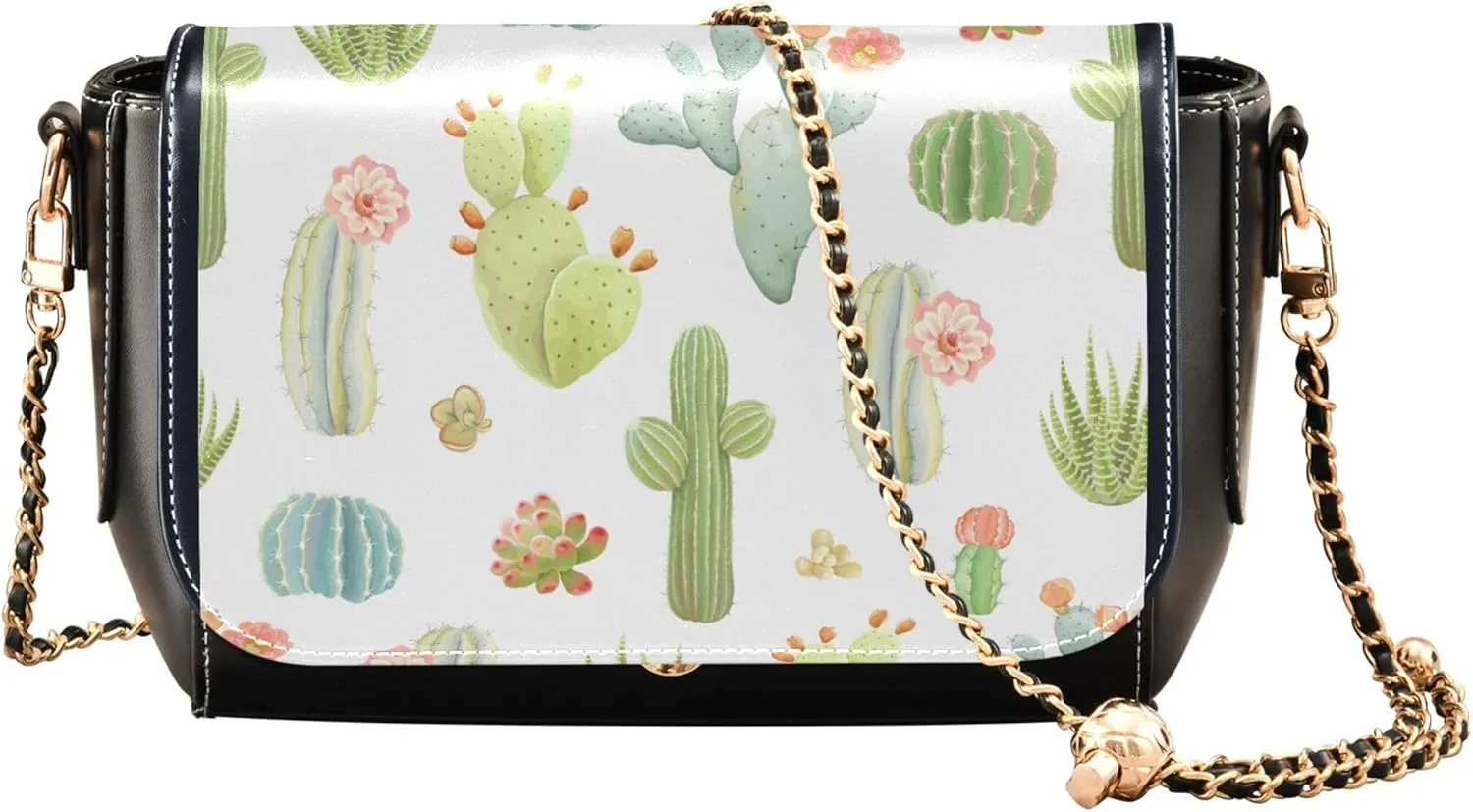 Pink Flowers PU Leather Shoulder Bag Black Women Crossbody Bag Purses Clutch Handbags with Chain Strap