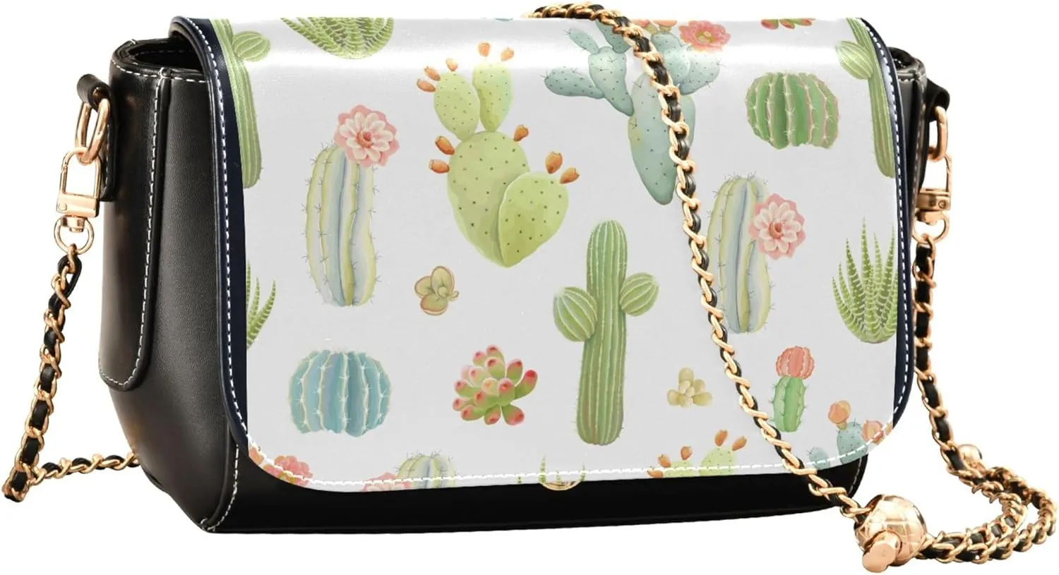 Pink Flowers PU Leather Shoulder Bag Black Women Crossbody Bag Purses Clutch Handbags with Chain Strap