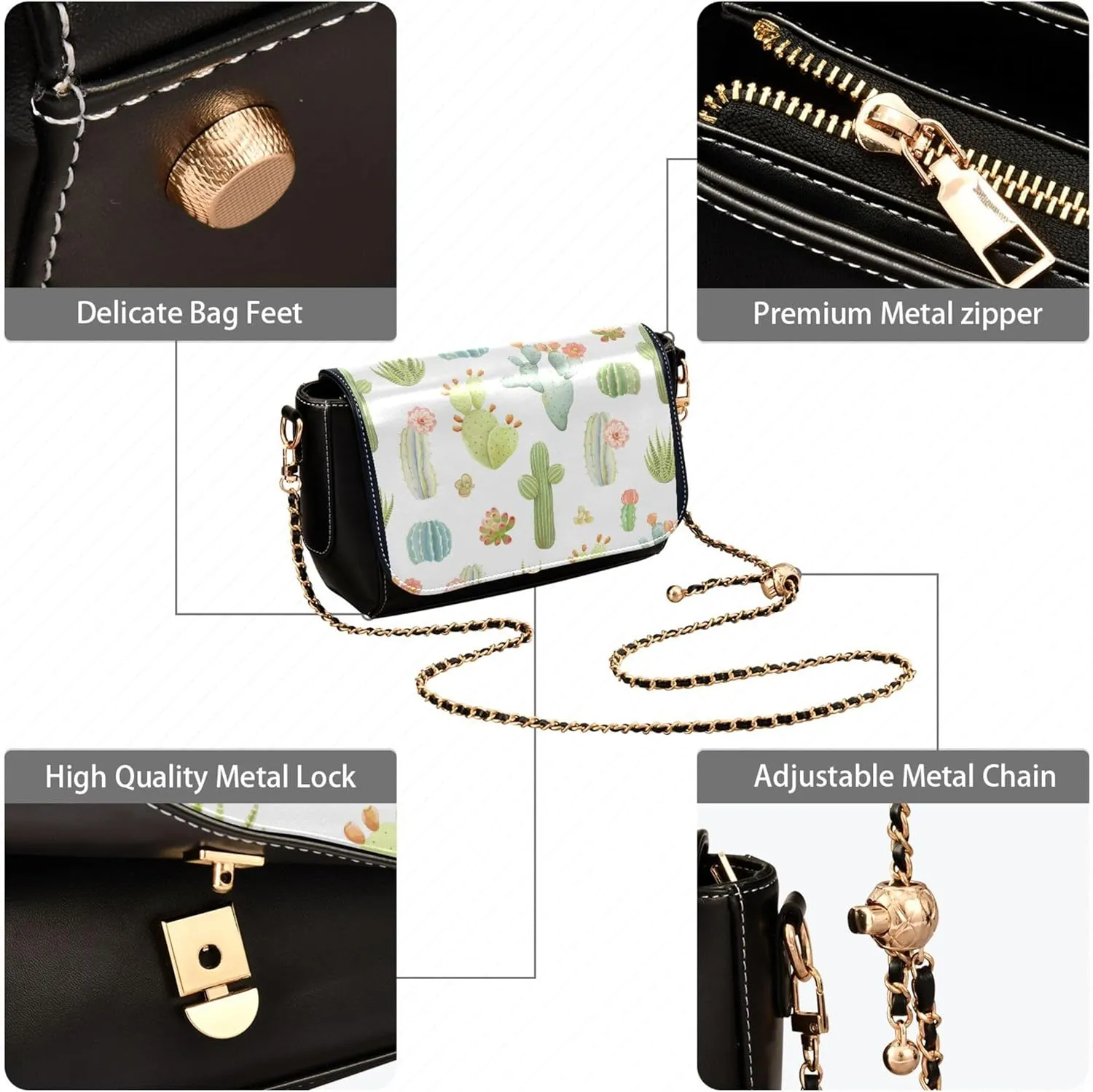 Pink Flowers PU Leather Shoulder Bag Black Women Crossbody Bag Purses Clutch Handbags with Chain Strap