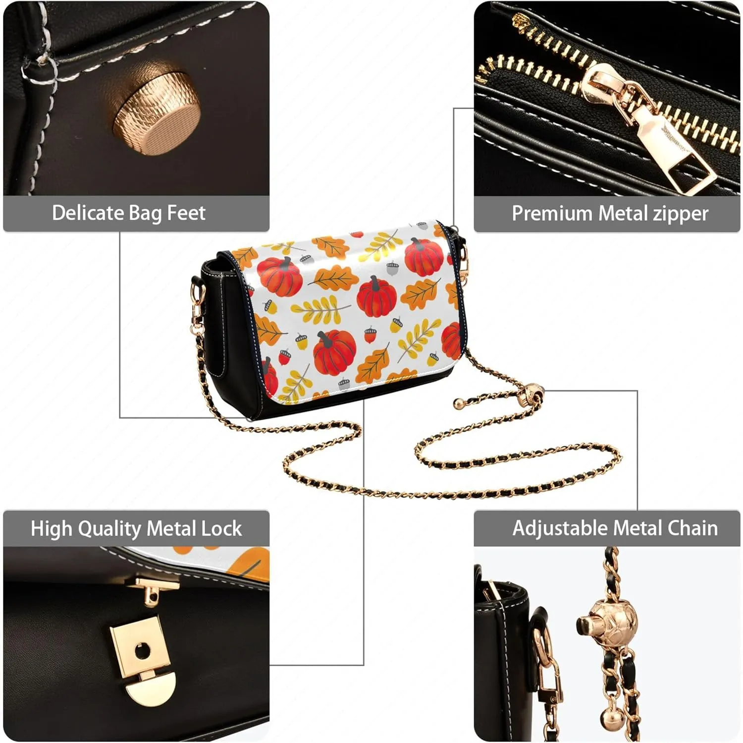 Pink Flowers PU Leather Shoulder Bag Black Women Crossbody Bag Purses Clutch Handbags with Chain Strap