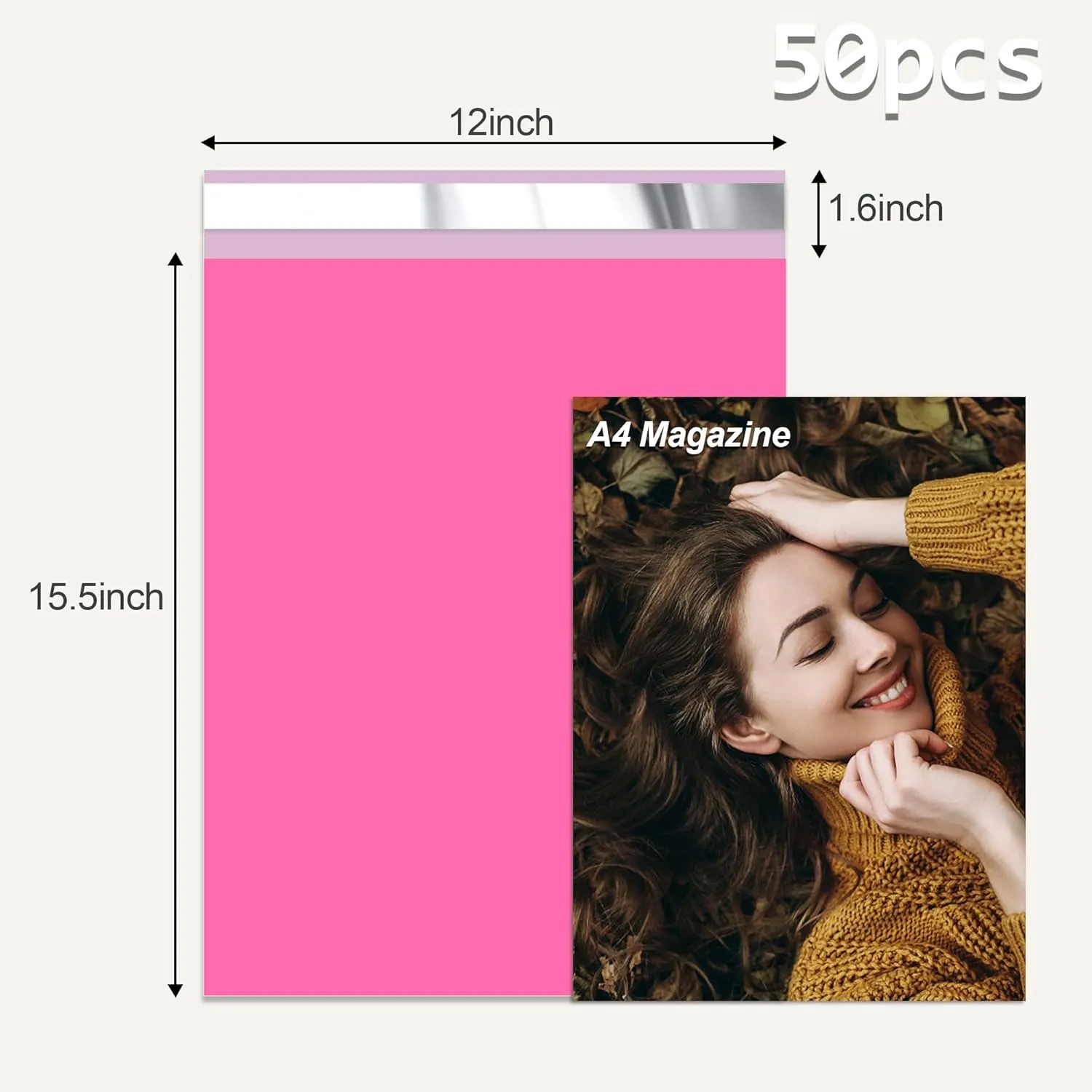 Pink Poly Mailers 12x15.5 Inch 50 Pcs, Strong Adhesive Shipping Bags for Clothing, Self-Sealing and Waterproof Mailing Envelopes, Privacy Protected Mailer Bags for Small Business
