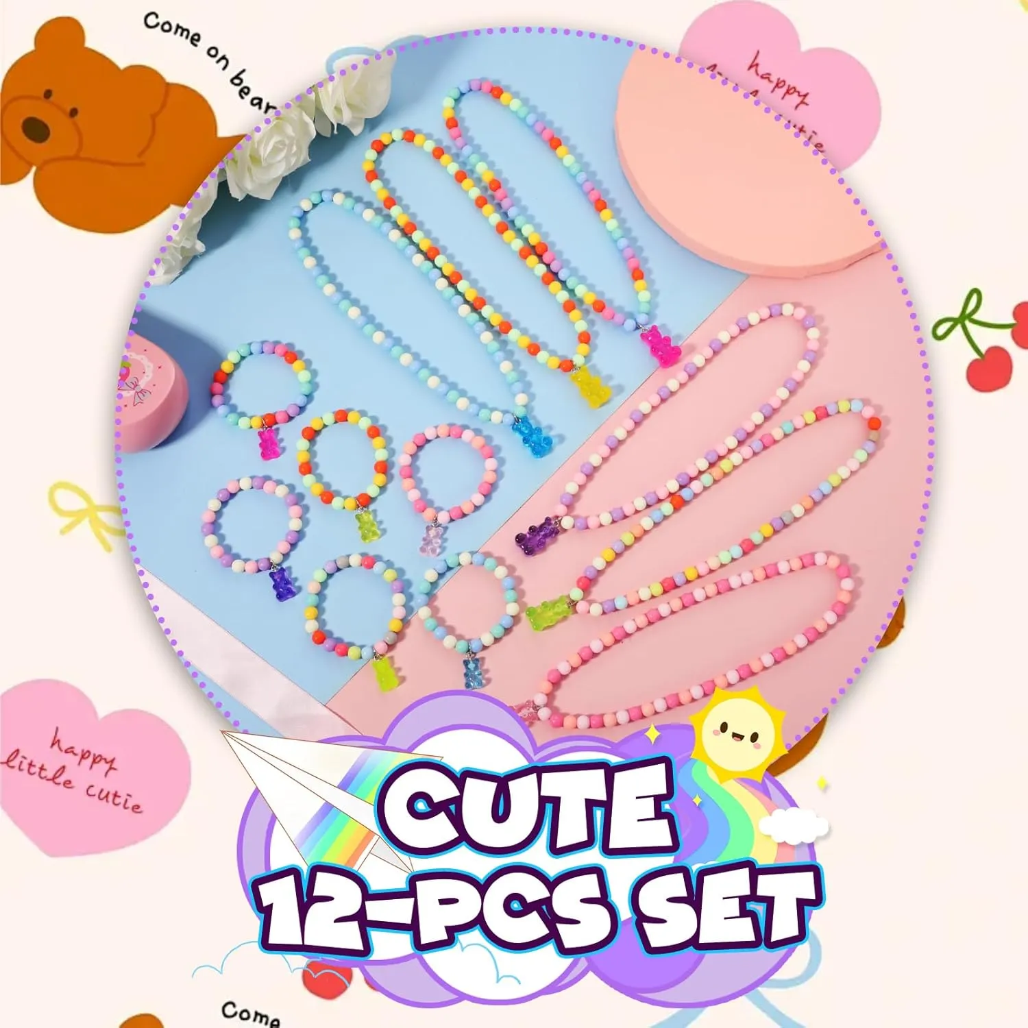 PinkSheep Jewelry Sets Beaded Necklace and Beads Bracelet for Kids Girls 10 Sets Unicorn Cat Mermaid Starfish Shells Bird Owl Necklace and Beads Little Favors Bags for Girls Princess Dress Up Pretend Play