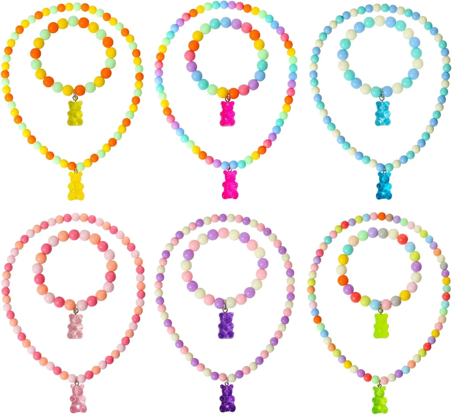 PinkSheep Jewelry Sets Beaded Necklace and Beads Bracelet for Kids Girls 10 Sets Unicorn Cat Mermaid Starfish Shells Bird Owl Necklace and Beads Little Favors Bags for Girls Princess Dress Up Pretend Play