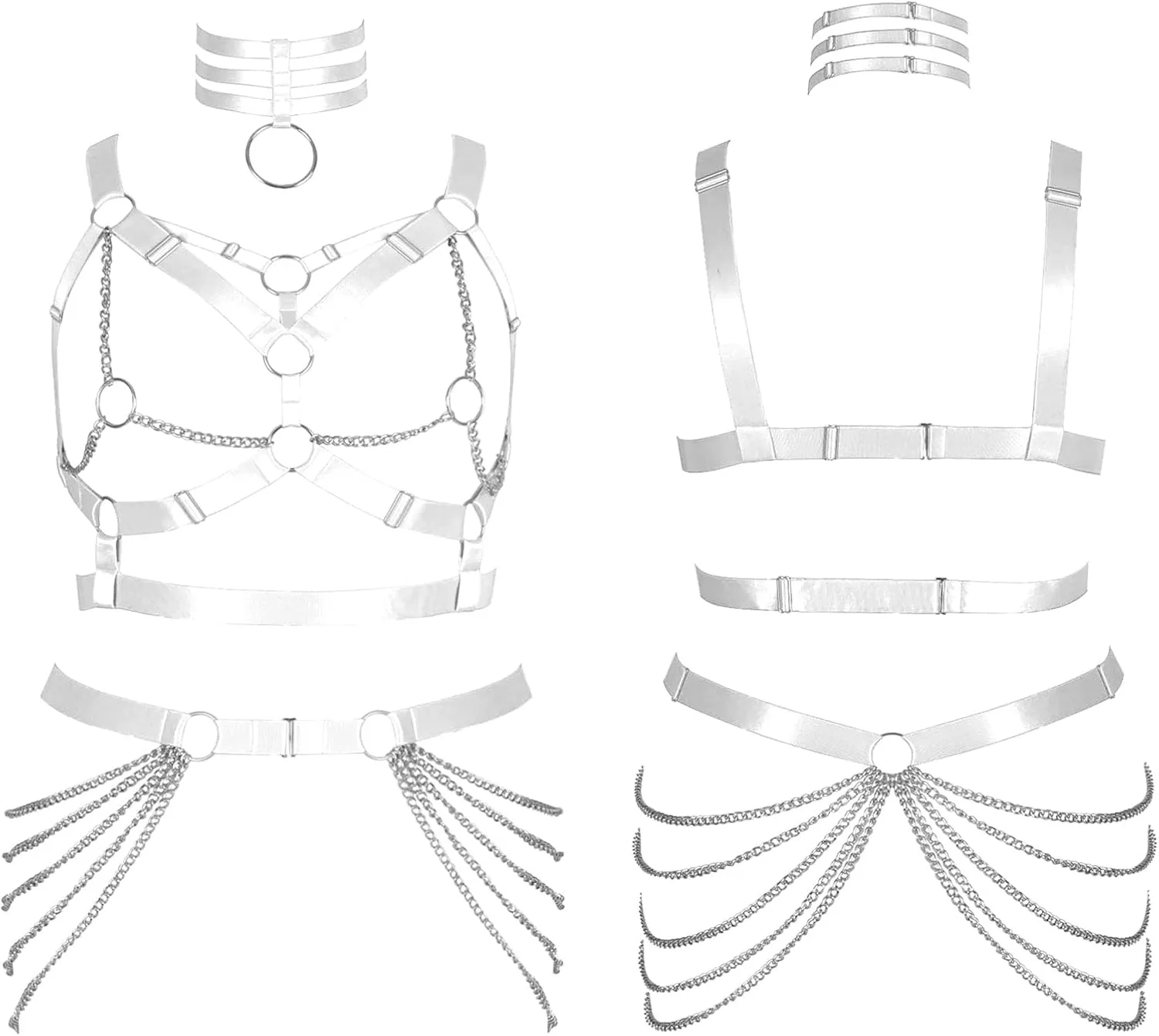 Plus Size Body Harness Fat Woman Girl Metal chain Full Hollow Out Cage Bra Leg Stockings Garter Belt Set Gothic Rave Clothing