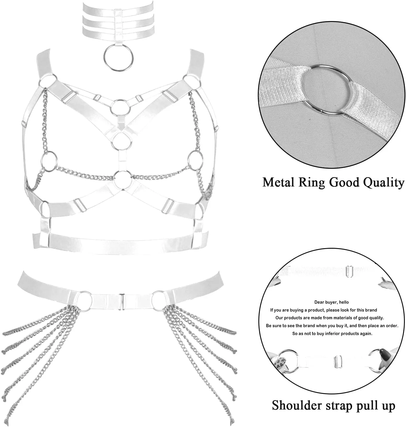 Plus Size Body Harness Fat Woman Girl Metal chain Full Hollow Out Cage Bra Leg Stockings Garter Belt Set Gothic Rave Clothing