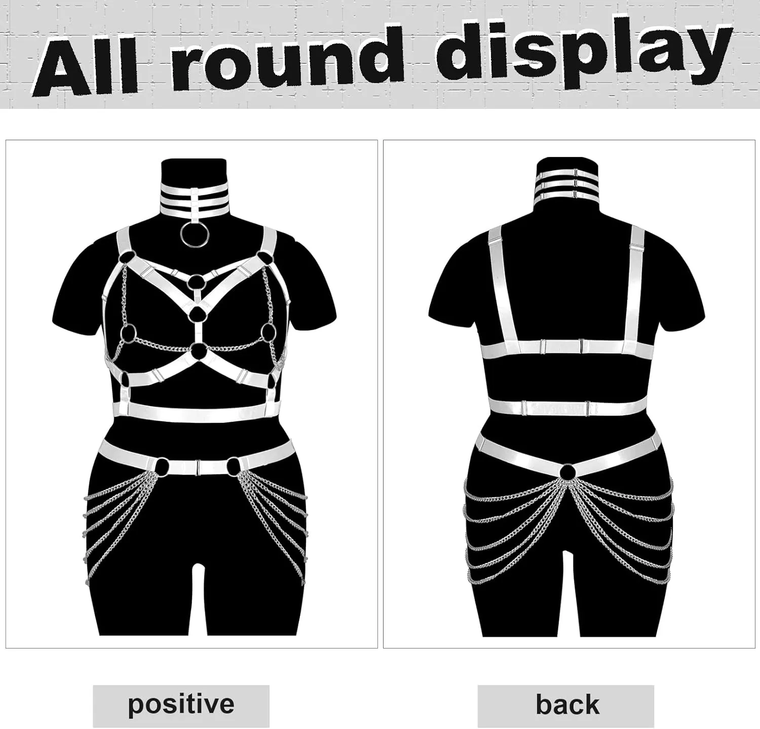 Plus Size Body Harness Fat Woman Girl Metal chain Full Hollow Out Cage Bra Leg Stockings Garter Belt Set Gothic Rave Clothing